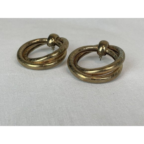 Vintage Extra-Large Hoop Earrings Gold Tone Pierced Statement Etched Brass - Picture 4 of 9